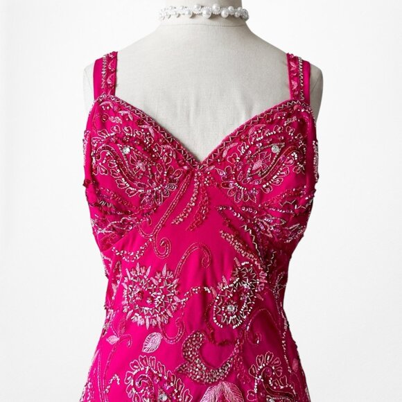 Vintage Pink Floral Beaded Midi Babydoll Bodycon Cocktail Dress Size L - Picture 6 of 11